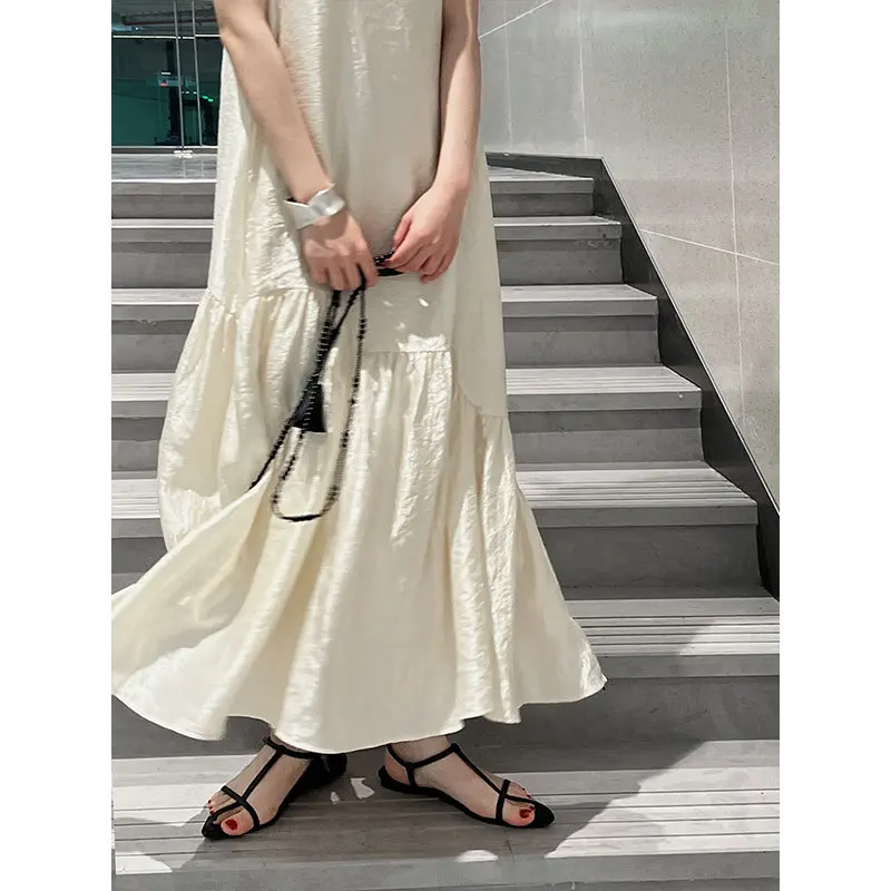 2025 여름 여성용 신상 진주빛 슬리브리스 언밸런스 스플라이싱 피쉬테일 탱크탑 드레스 (민족 디자인)