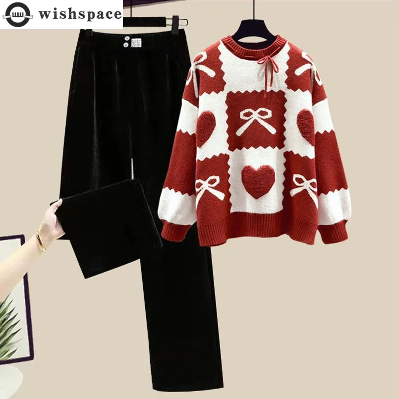 

Red Sweater Women's Set Autumn and Winter New Item Korean Style Western-style and Flannel Long Pants Two-piece Set