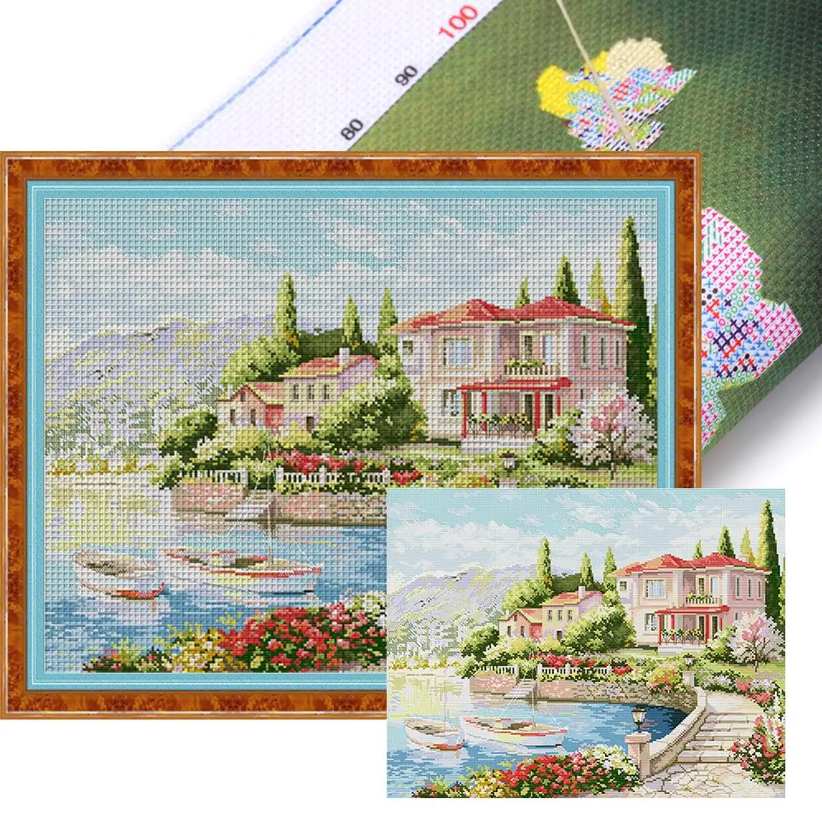 

Full Embroidery cotton Thread 11CT Printed Lake Como Cross Stitch 66x55cm