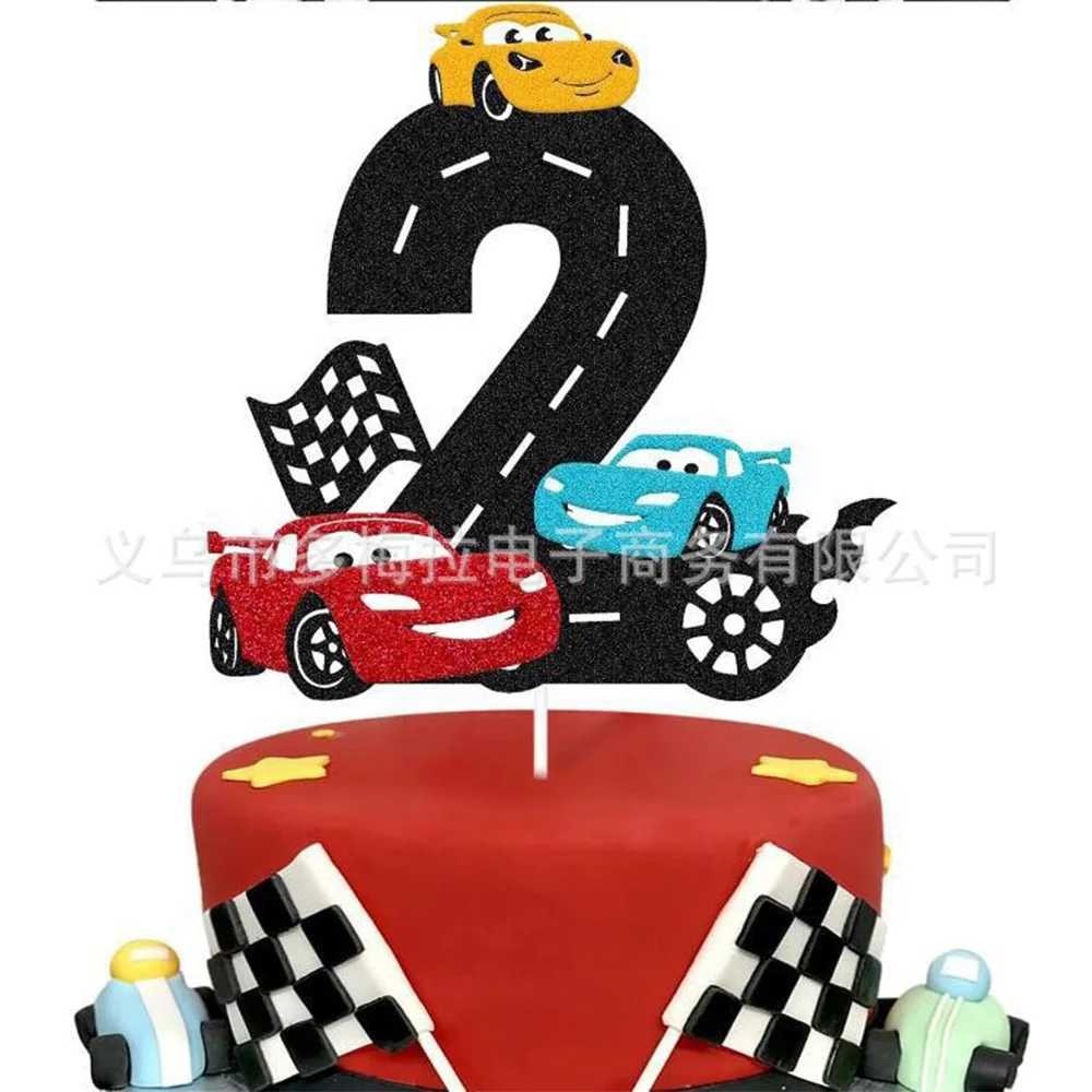 Auto da corsa 2nd Birthday Cake Topper due decorazioni per torte veloci auto da corsa bandiera a scacchi a tema bambini 2a festa di compleanno