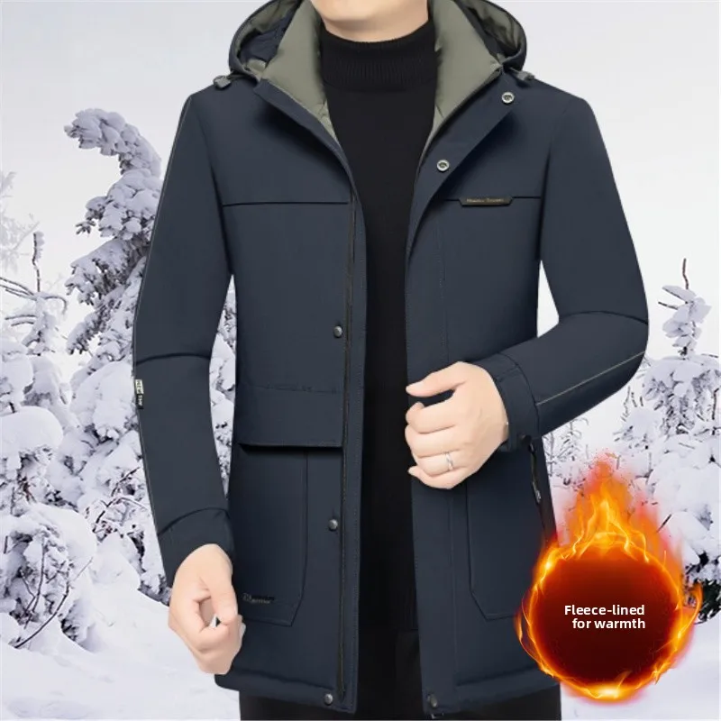 

New Winter Thiened down Cotton Jaet Men's Workwear Casual Hooded Warm Middle-aged Dad's Clothing Polyester Fiber Zipper