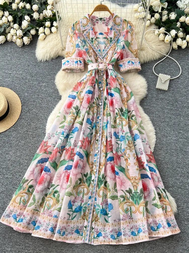 

French Luxury Print Dress Women Summer Short Sleeve Waist Tie A Line Big Swing Party Banquet Evening Gown Outfit Dress Woman