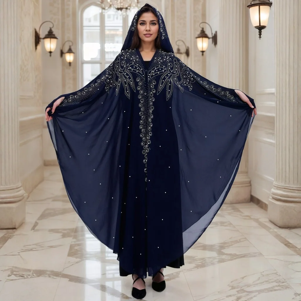 Women's Summer Middle East Africa Long Robe Hot-Stamped Rhinestone Polyester Muslim Shawl Hooded Cape Dress