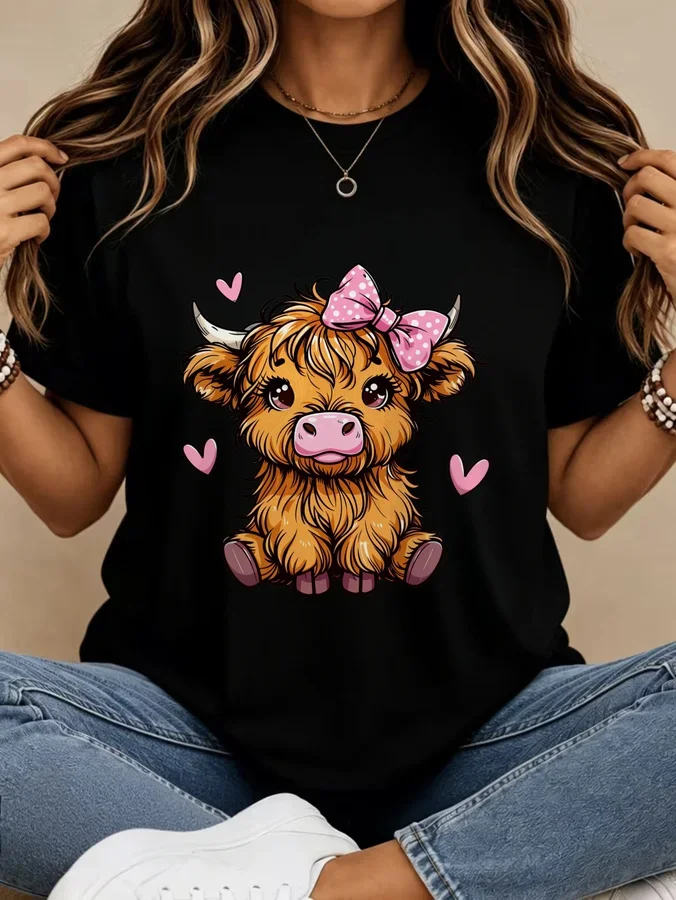 Women Cute Highland Cow Graphic Tee Pink Polka Dot Bow And Hearts Print Crew Neck Short Sleeve Cute Animal T Shirt Ladies Daily Wear Black Top