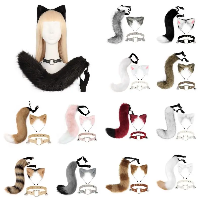 3 szt. Śliczne uszy lisa uszy wilka opaska do włosów + pluszowy ogon + obroża z dzwoneczkiem na występy akcesoria do kostiumów na Halloween element ubioru