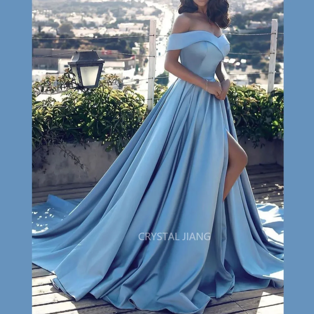 

Fashion Long Blue Satin Evening Dresses Off the Shoulder Short Sleeves with Slit A Line Sweep Train فستان سهرة