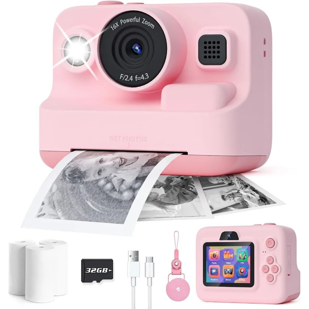 Kids Instant Print Camera - 1080P, Portable Toy Camera for Ages 3-12, Perfect Gift for Girls and Boys in Pink