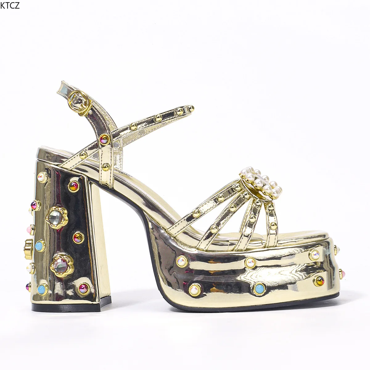 High heels style thick high heels waterproof table colored rhinestone open-toed single women's Spice girl hollow sandals view 5