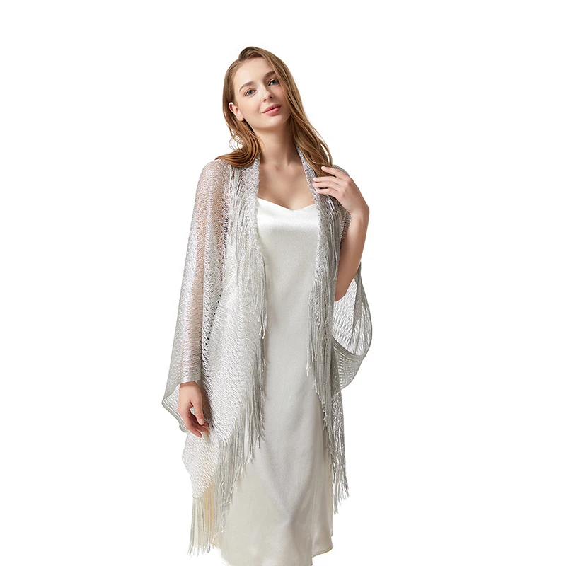 Polyester bat-sleeve cape Silver wedding party summer thin with hollowed-out fringe sun protection plus-size cardigan