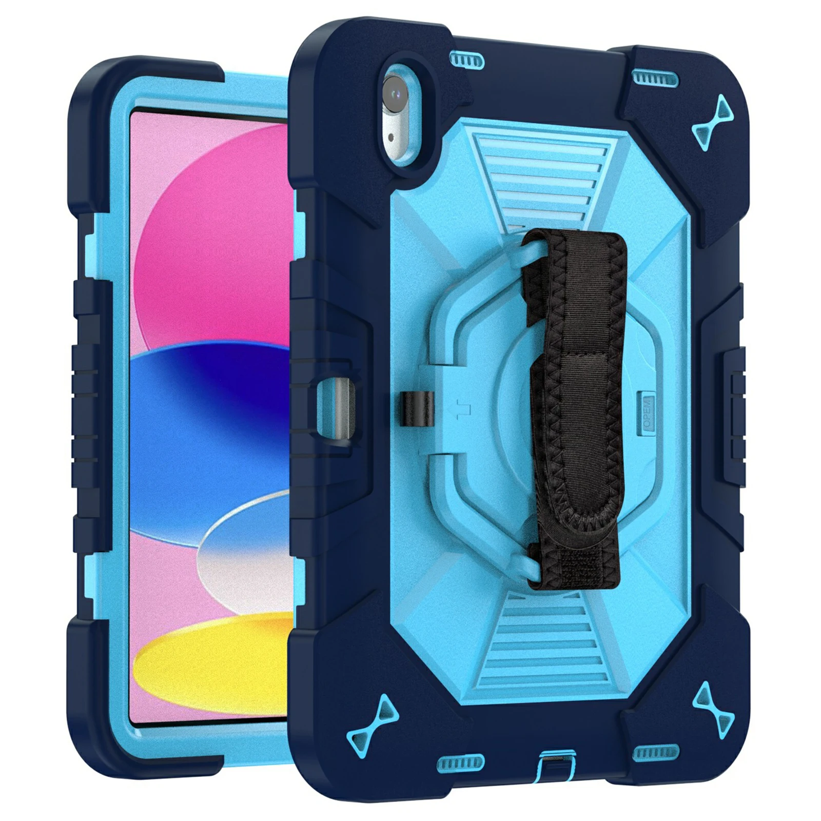 For iPad (2025) / iPad 10.9 (2022) Case Kickstand PC + Silicone Tablet Cover with Shoulder Strap / Pen Holder - Navy Blue+Sky Bl