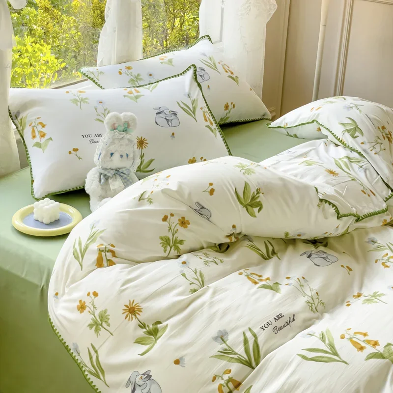 Pastoral Girls Flower Bedding Sets, Washed Cotton Bed Linens, Soft Quilt Cover Sheet Set, Simple Bedspread, Home Textiles