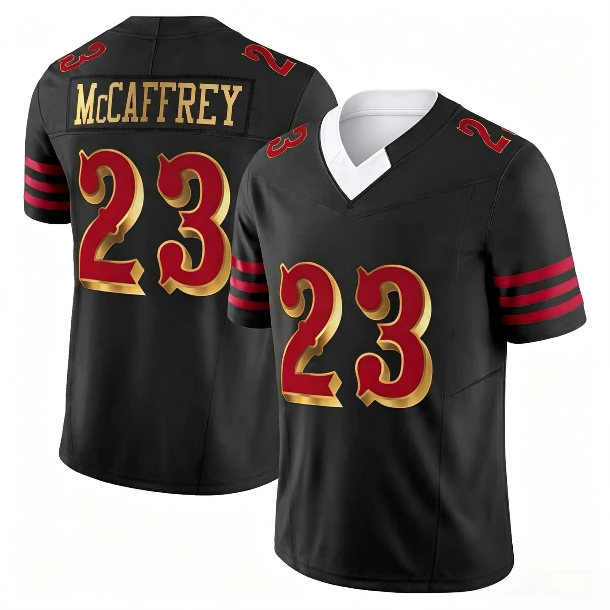 Men #23 McCaffrey Black Football Jersey V‑Neck Short Sleeve Sport Tops Fans Quick Dry Sports Shirt  Men Women Family Matching