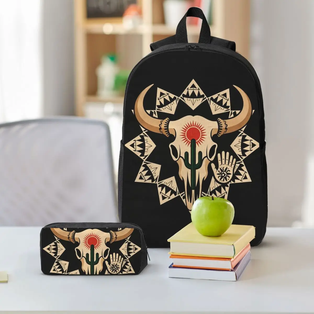 Western Bull Skull Cactus Sun Tribal Print Backpack Student BookBag School Bag Shoulder Bags 3ps Insulated Lunch Bag Pencil Case