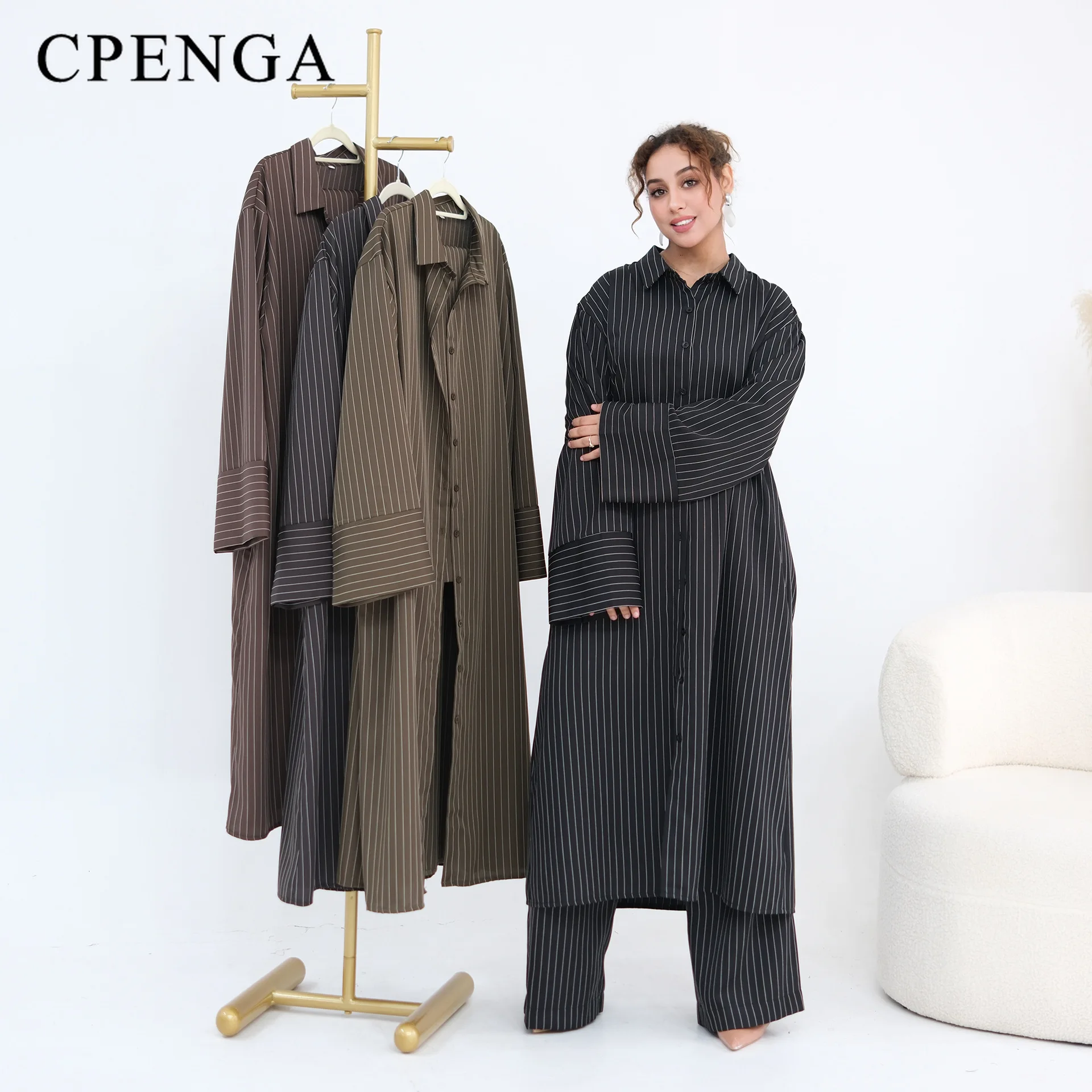 Muslim Women 2 Piece Set Striped Abaya Modest Long Shirt Dress and Pants Suit Islamic Clothing New Turkey Casual Wear 2026