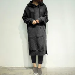 Hooded Dress Women Long Split Casual Pullover Solid Sweatshirt Dress Big Size Autumn Winter Loose Women's Dresses