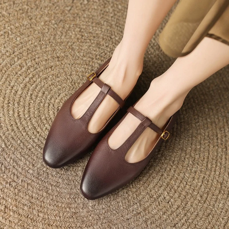 

Woment Flats Cow Leather Round Toe Women Simple Shoes Girls Elegant Footwear Mary Janes Low Heel 1 CM French Style Retro Flats