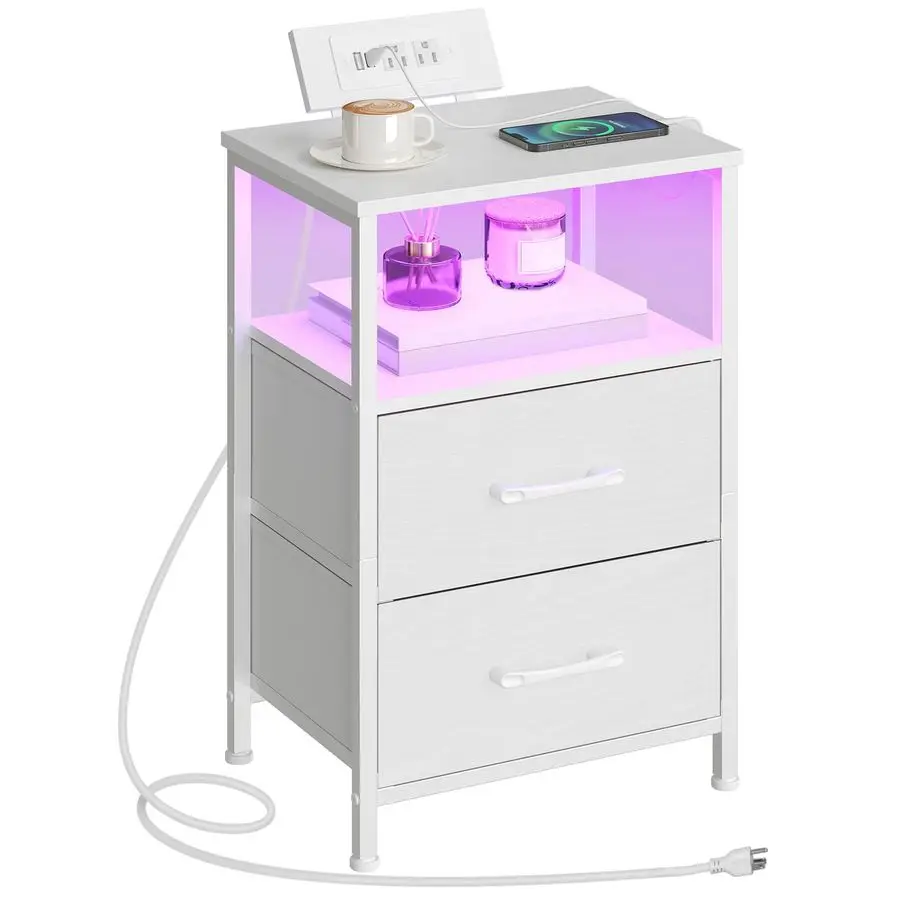 

Nightstand with Charging Station, Bedside Table with LED Lights and 2 Fabric Drawers, End Table with 2 AC Outlets and USB Port,