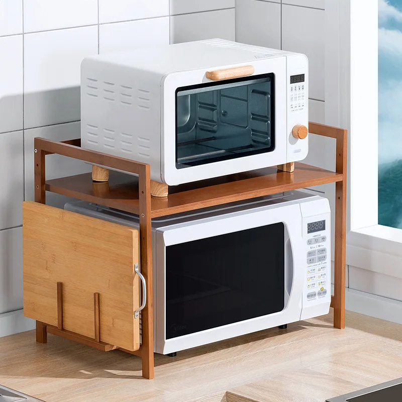 Kitchen Shelf Countertop Double Microwave Oven Shelf Desktop Seasoning Oven Storage Rack Bamboo Solid