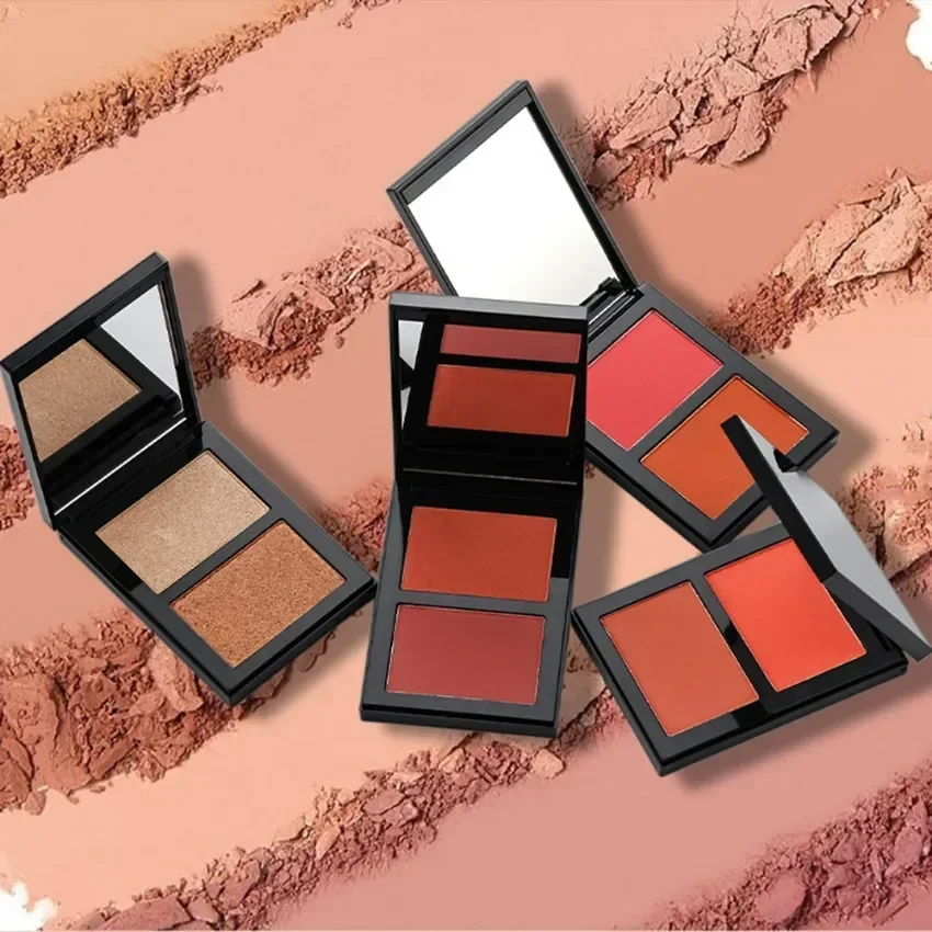 Rubor de 2 colores, marca privada, colorete natural, bronceador, placa resaltada, logotipo personalizado DIY, maquillaje en polvo prensado, venta al por mayor, sin crueldad
