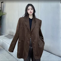 Women's Autumn/winter British Style Short Suede Jacket Vintage Casual Solid Color Loose Single Breasted Blazers Coat for Woman