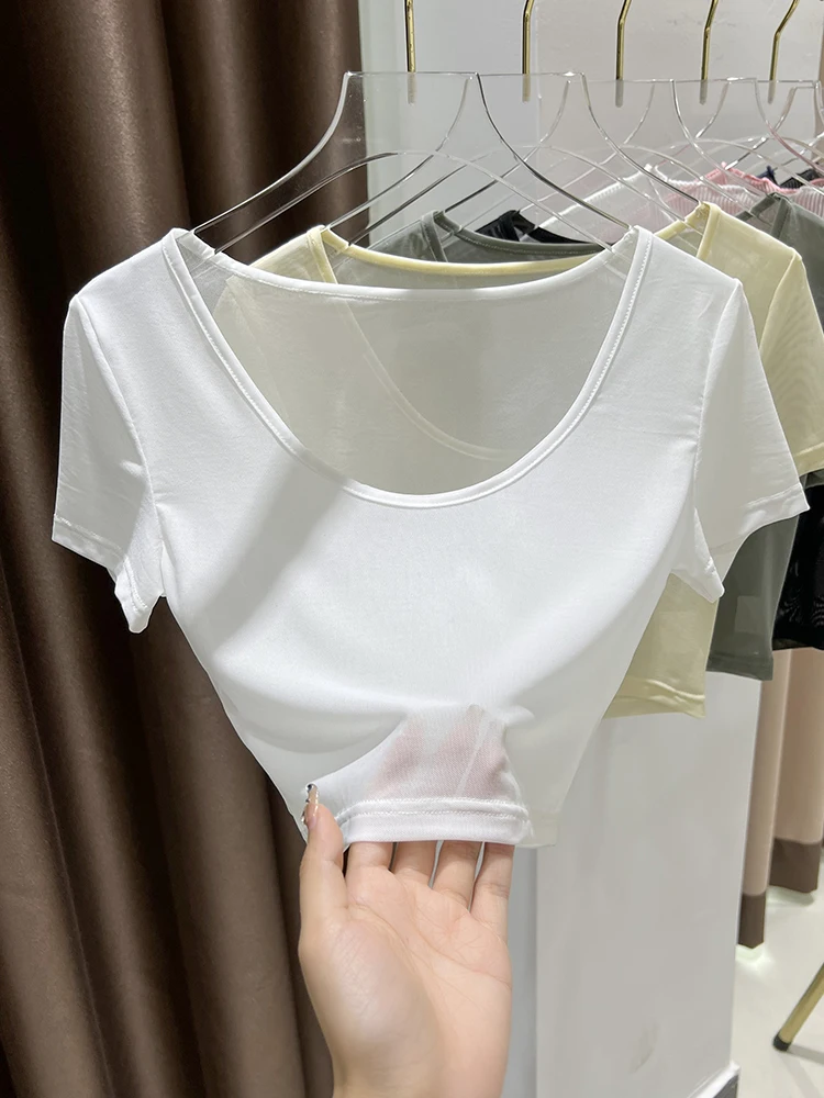 

ort Ice Silk Me Svel T-irt Women Summer Csole Inner Wear Base irt Transparent Slim Fit Large Collar Top Thin