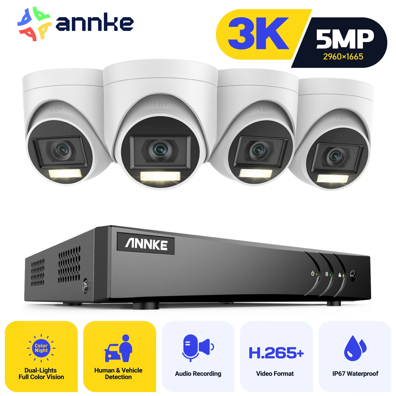 ANNKE 8CH 5MP Lite Video Surveillance System 5IN1 H.265+ DVR With 4X 5MP PIR Detection Dome Waterproof Security Cameras CCTV Kit