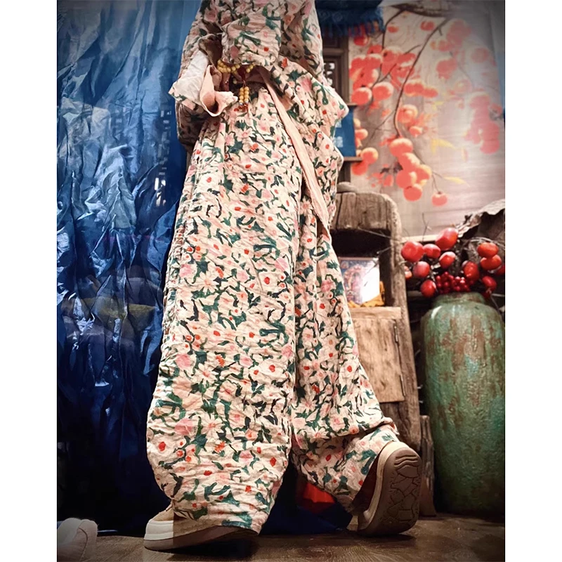 New 2025 Spring Summer Arts Style Women Elastic Waist Loose Length Pants Vintage Floral Print Linen Wide Leg Pants Top Quality