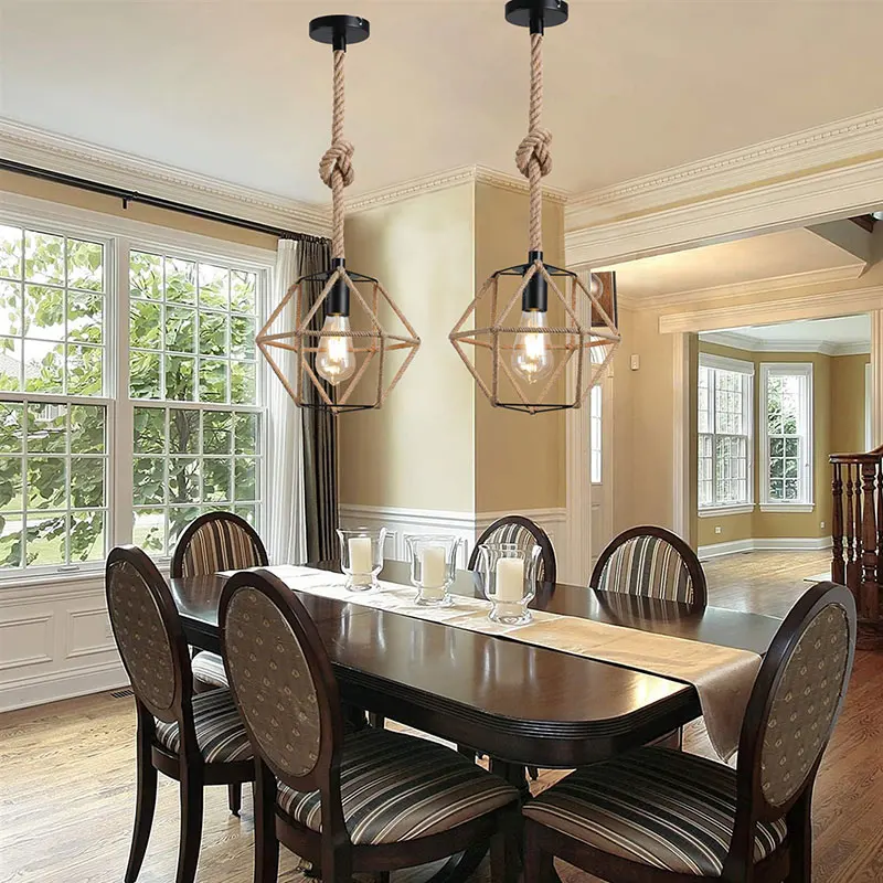 Vintage Hemp Rope Pendant Lamp Industrial Chandelier Aisle Bar Restaurant Dining Room Cafe American Iron Light Droplight