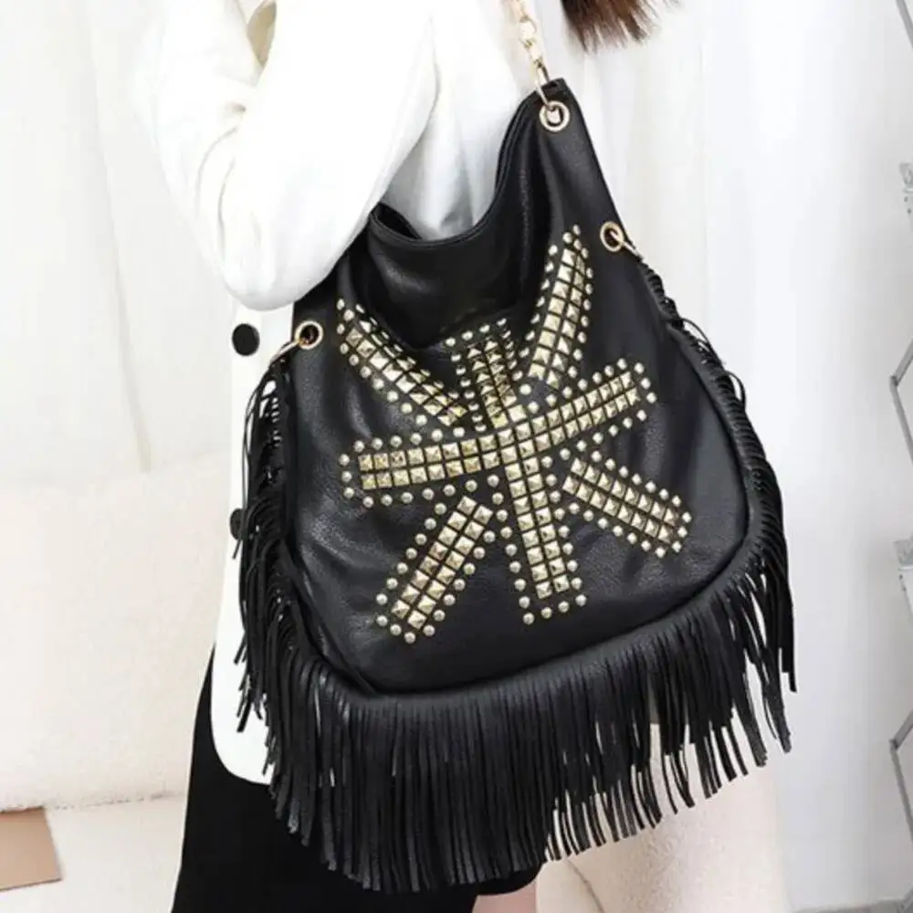 

Bloom Vintage Beading Black Handbag Women Large Capacity Tassel Casual Shoulder Bags Female Retro Soft Leather Handbags Purse