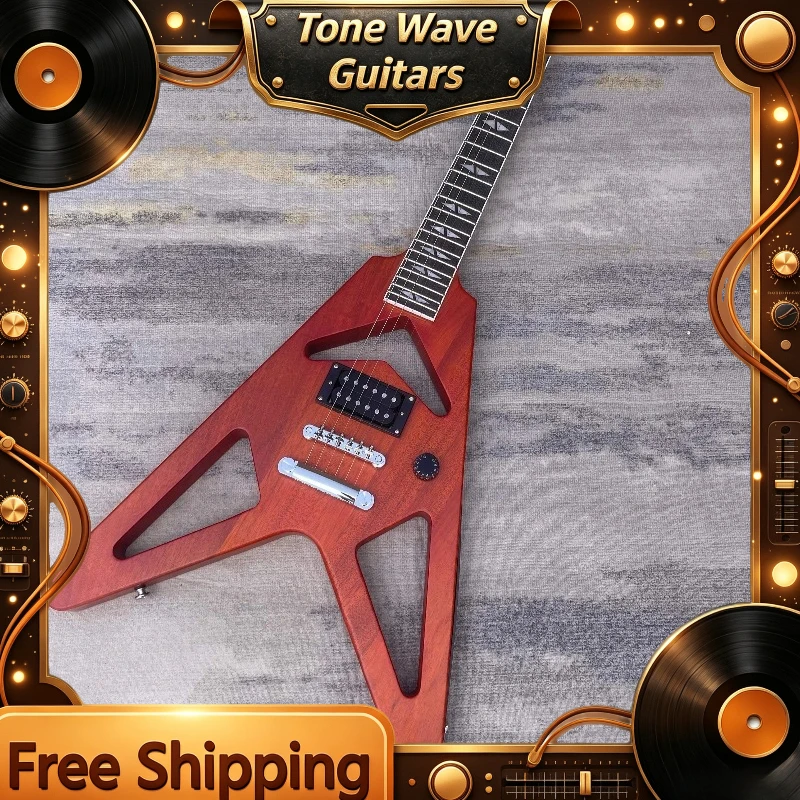 Special Offer V Shape Electric Guitar Hollow Cutout Mahogany Body Matte Reddish Brown Finish 6 String Guitar Delivery Included