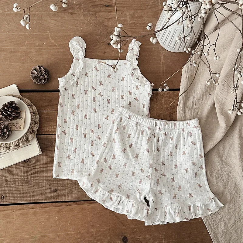 2025 Summer 2PCS Korean Ruffled Sleeveless Knitted Suspender Floral Clothing Set for 0-4 Years 100% Cotton Chic Straps Vest Suit