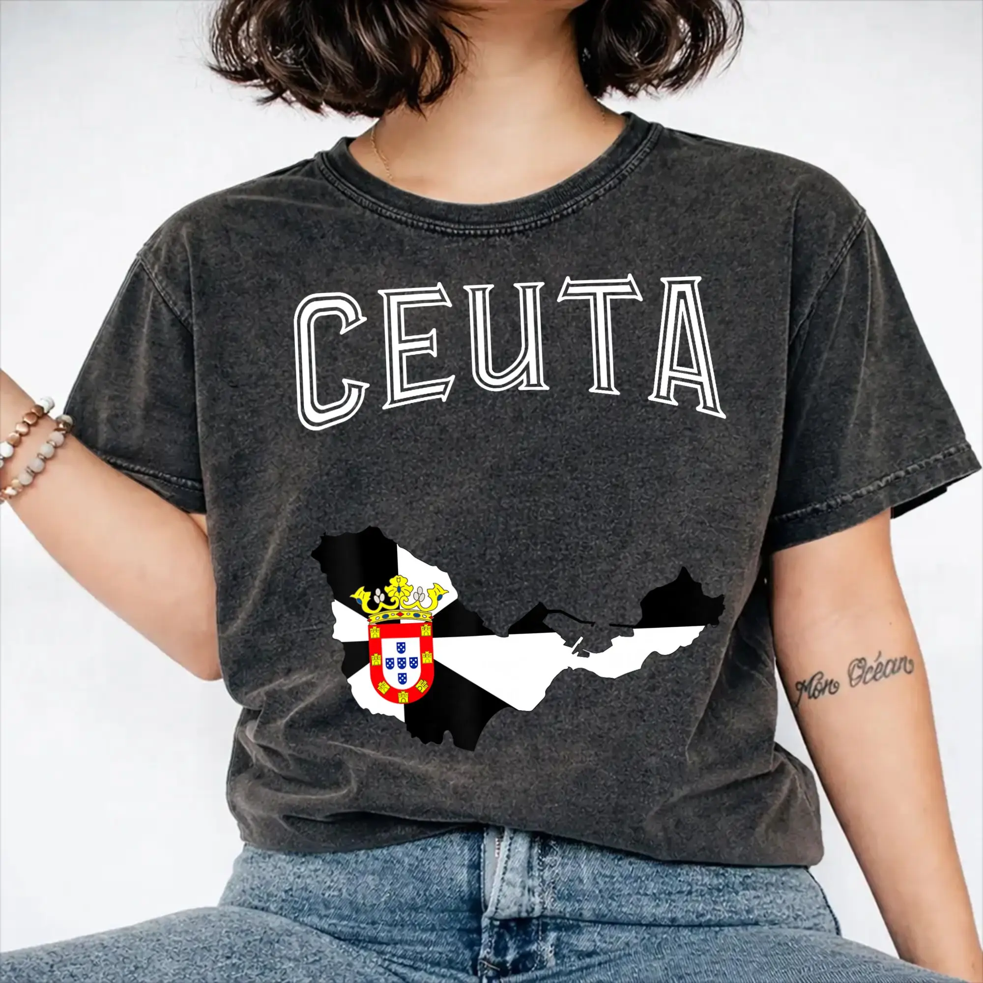 Retro Ceuta Flag Vintage Throwback Sport  T Shirt Hip Hop Washed Short Sleeve Oversize T-Shirt  Retro for Men Women Streetwear