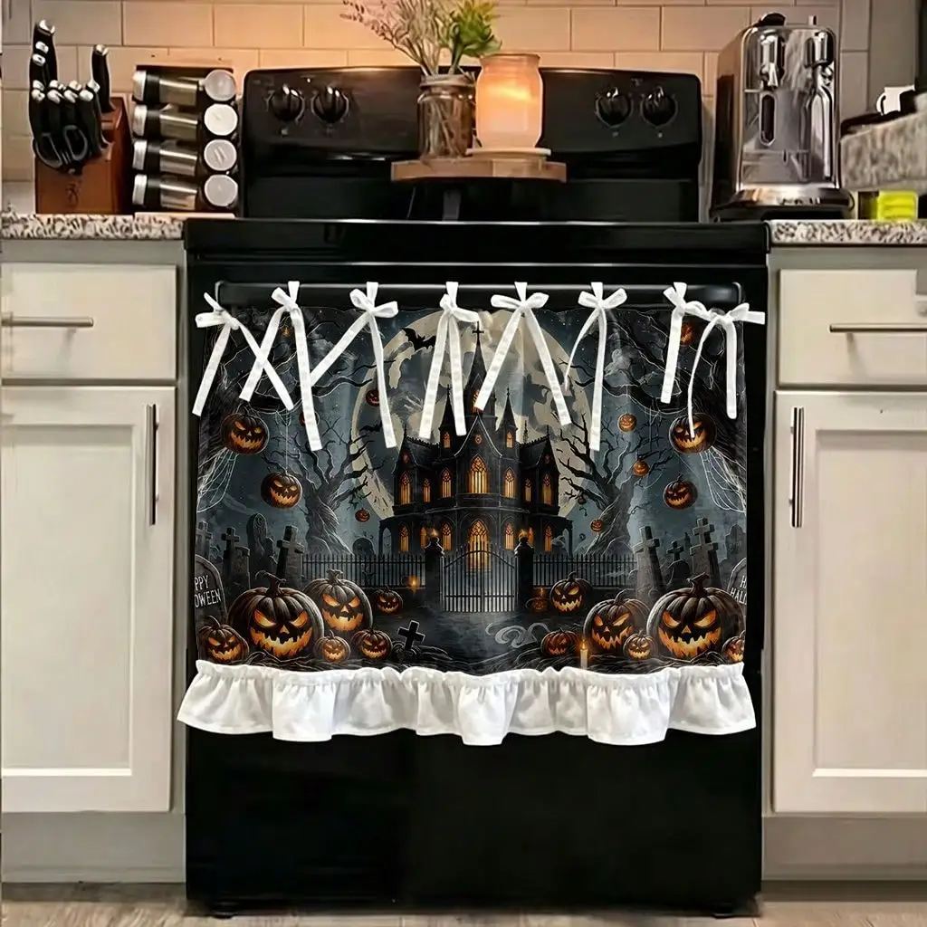 2D Flat, 1pc Halloween Kitchen Stove Oven Valance, Halloween Haunted House Pumpkin Scene Also Be Spooky Kitchen Decoration Curtain for Dishwasher Microwaves Cabinet Kitchen Sink, Makes a Great Addition to Your Halloween Theme Home