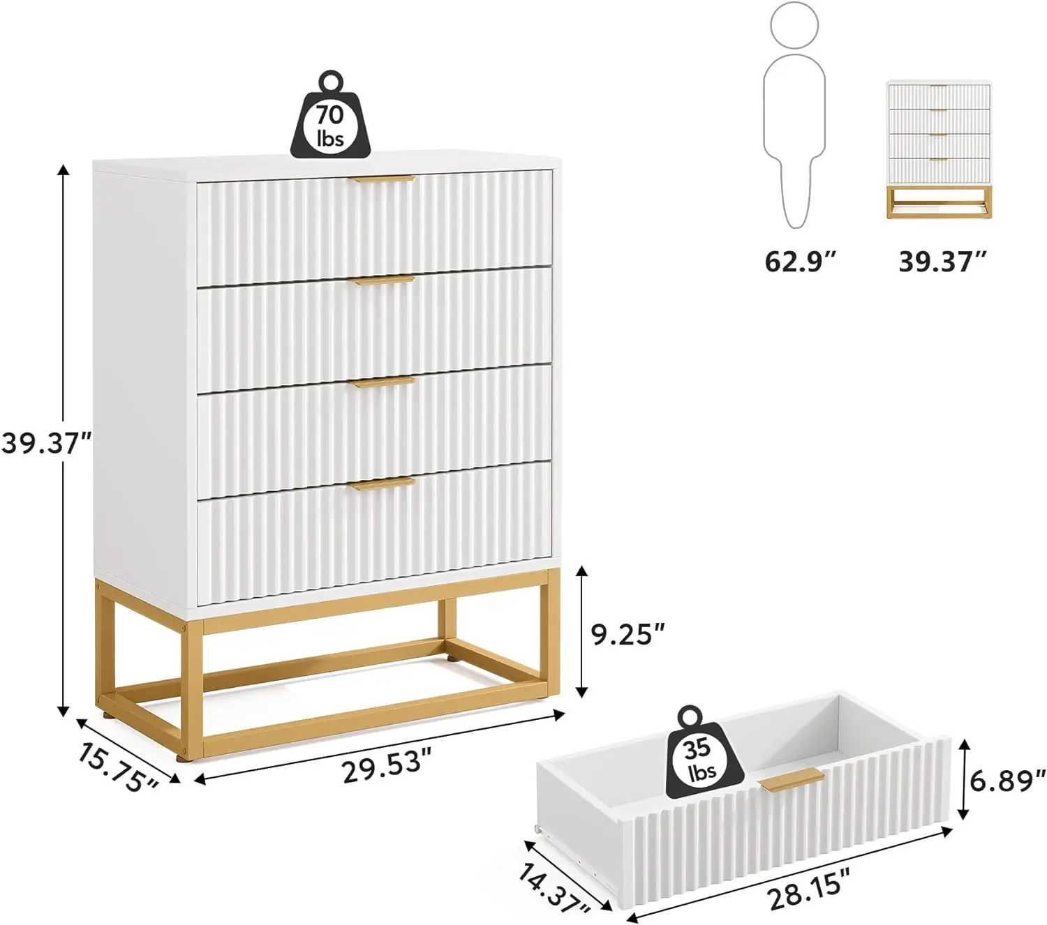 Peito de 8 gavetas, cômoda moderna para quarto, cômoda de armazenamento de ouro branco para corredor e armário