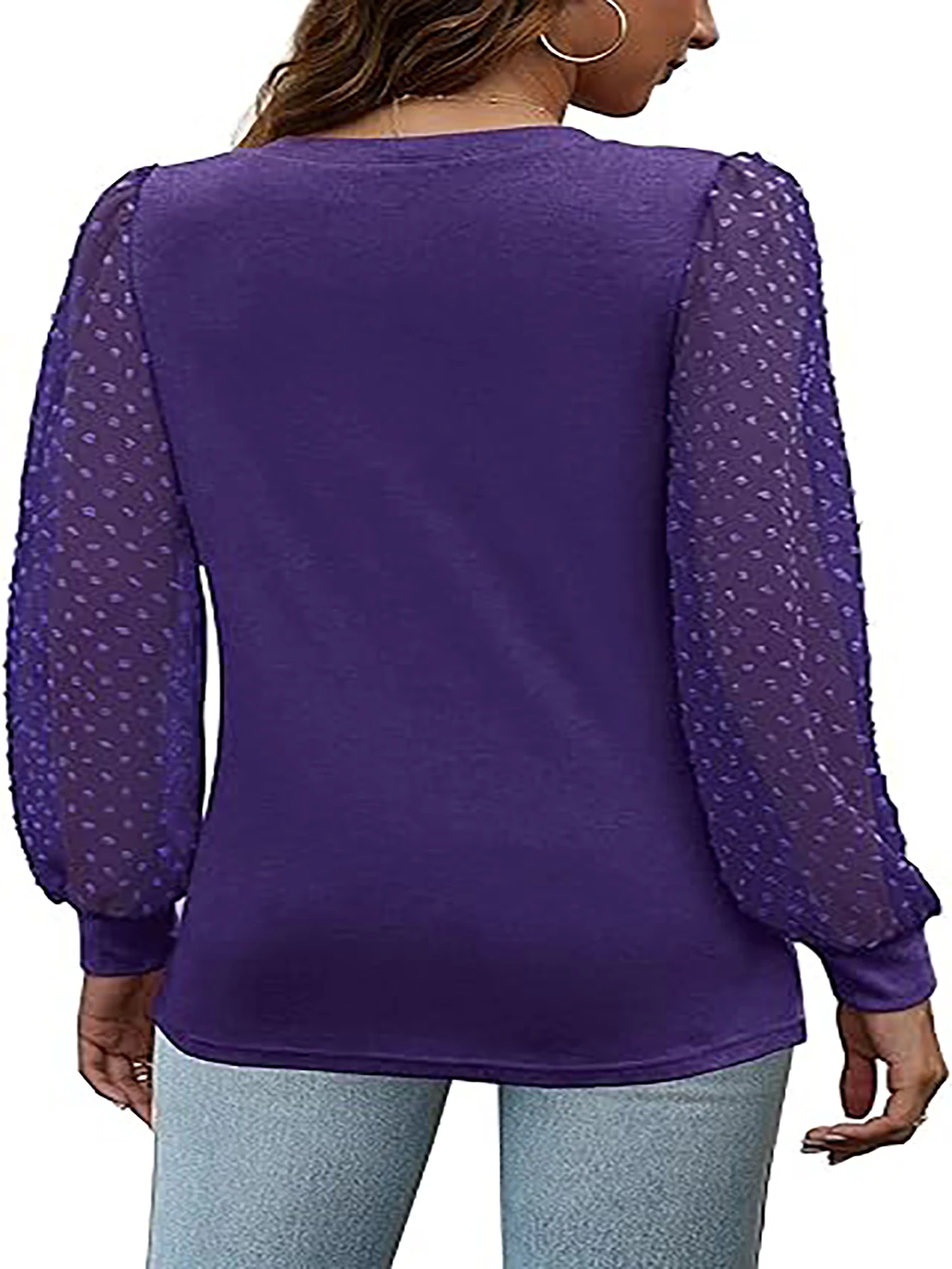 Aamikast Spring And Fall Solid Top Women’s Lace Long Sleeeve Shirt T-shirt Patchwork Round Neck Undershirt Purple Black 1XL-5XL