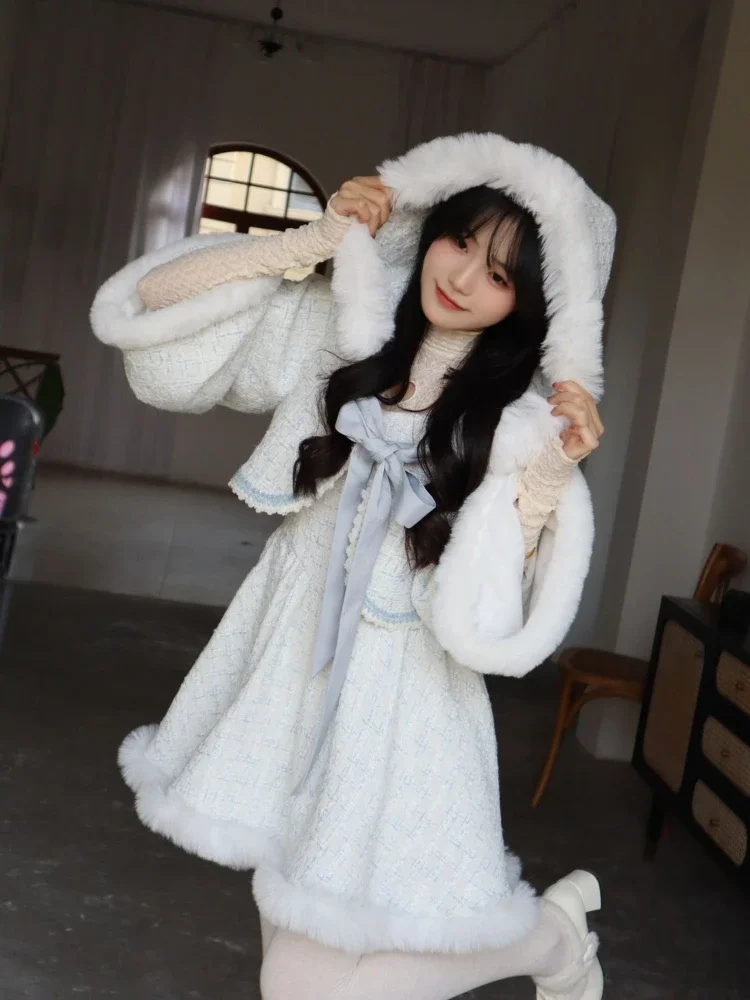 2024 Spring 2 Piece Dress Sets Women Casual Elegant Hooded Coats + Sweet French Short Party Dress Female Japanese Lolita Suits