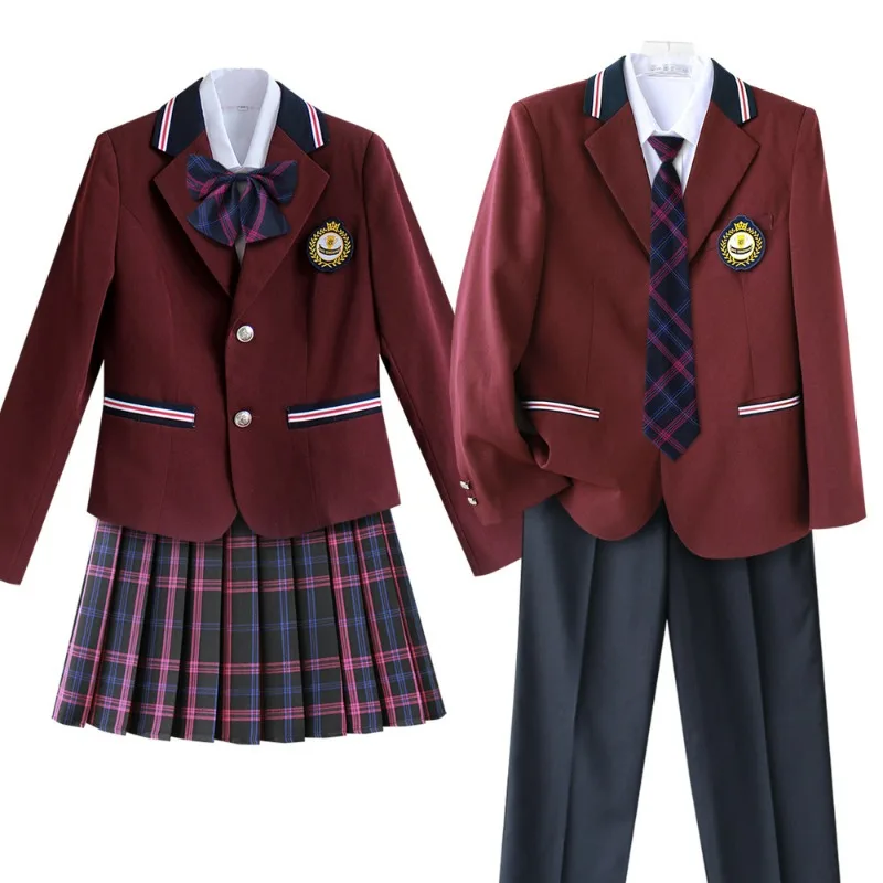 5PCS 유니섹스 한국 영국 일본 학교 유니폼 복장 애니메이션 코스프레 의상 세트 블레이저 셔츠 타이 배지 격자 무늬 스커트