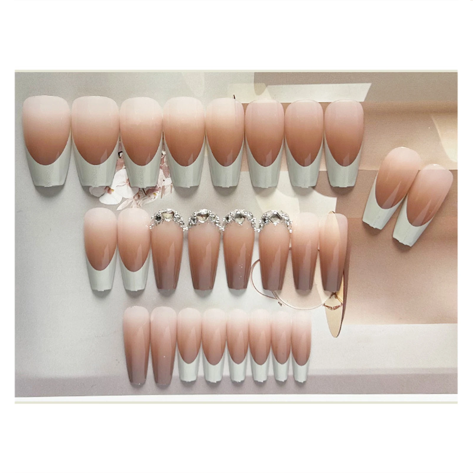 Long Fake Nails with Rhinestone and White Edge Not Hurting Hands Not Easy to Break Nails for Women and Girl Nail Salon