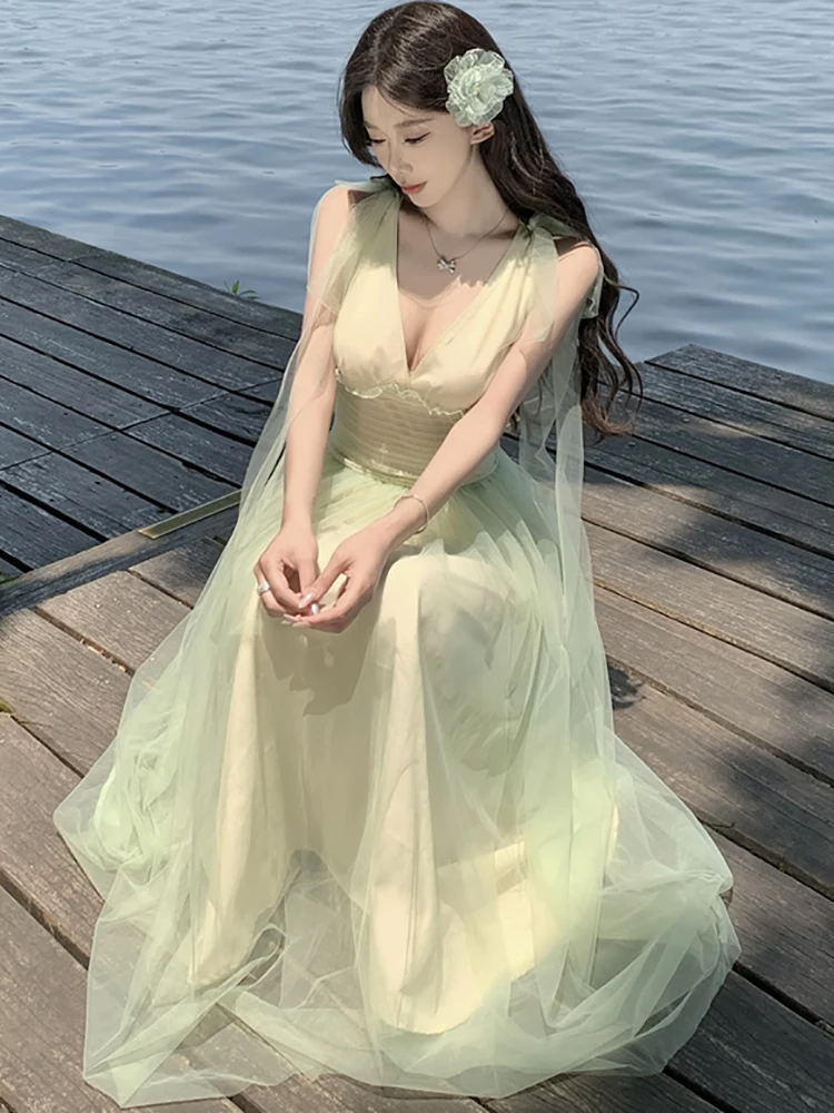 ฤดูร้อนสีเขียวตาข่ายเก๋โบว์สลิงชุดยาวผู้หญิงElegant Causal Ruffled Promเสื้อผ้า 2025 Korenaแฟชั่นBodycon Holiday Dress