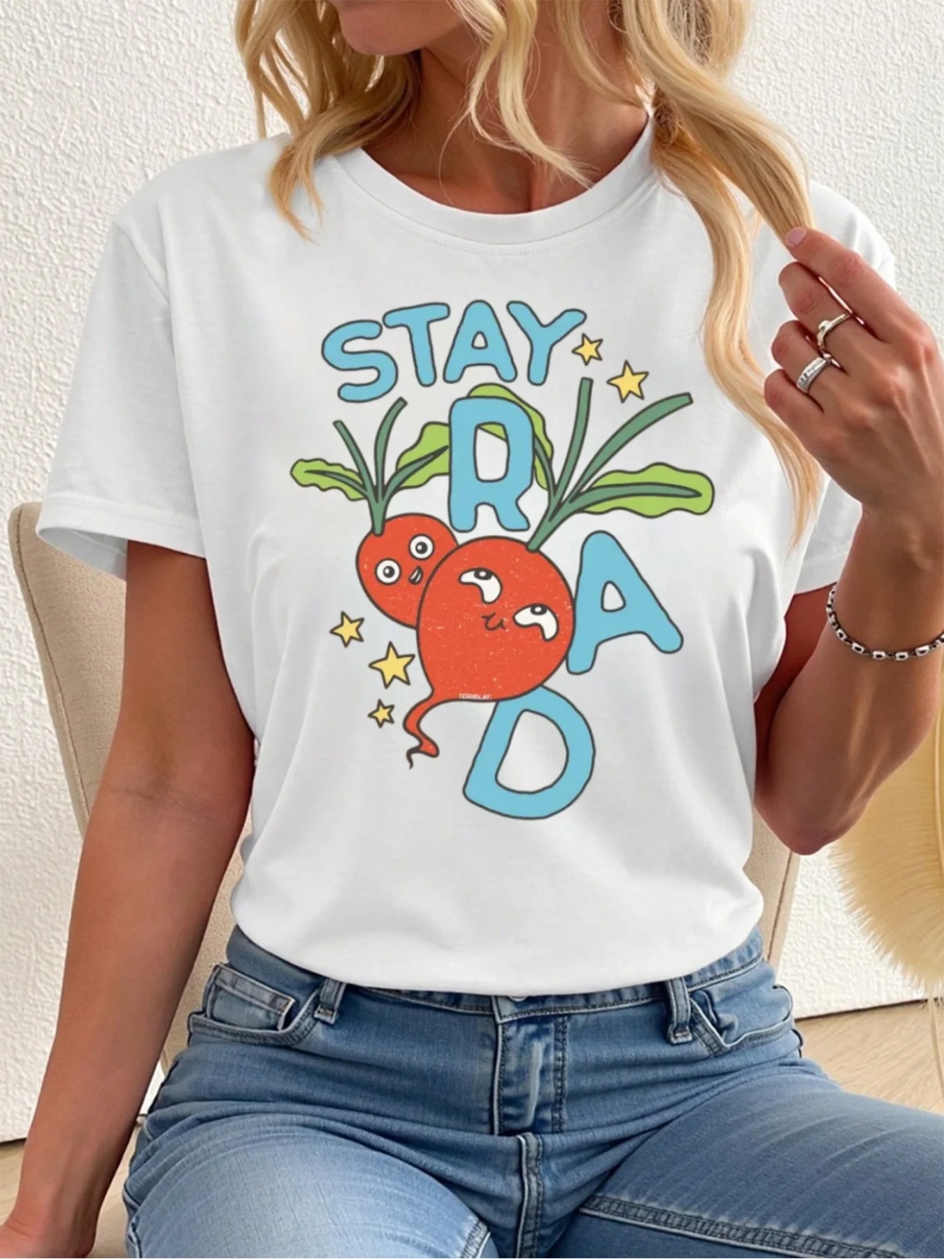 Wo Funny Stay Rad T-Shirt - Cute Radish Stars Print Soft Lightweight Crewneck Tee Harajuku Short Sleeve Casual Aesthetic Clothes