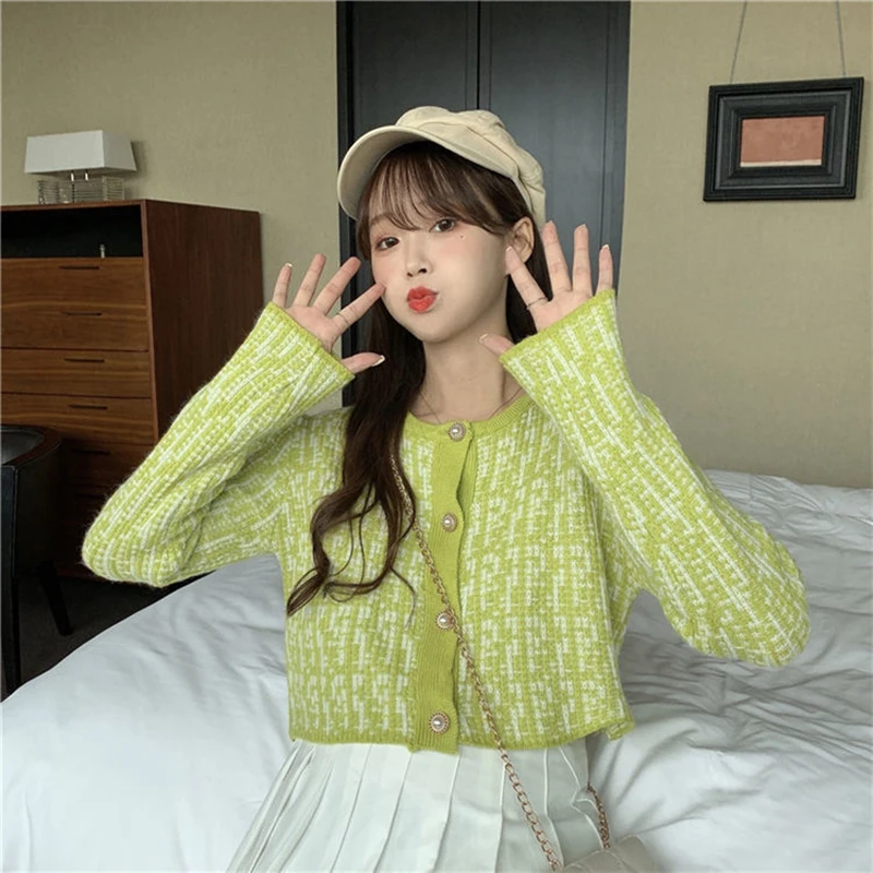 Y2k Stripe Women Crop Cardigan Korean Sweet Knitted Loose Long Sleeve Female Sweaters Autumn All Match Chic Ladies Casual Tops