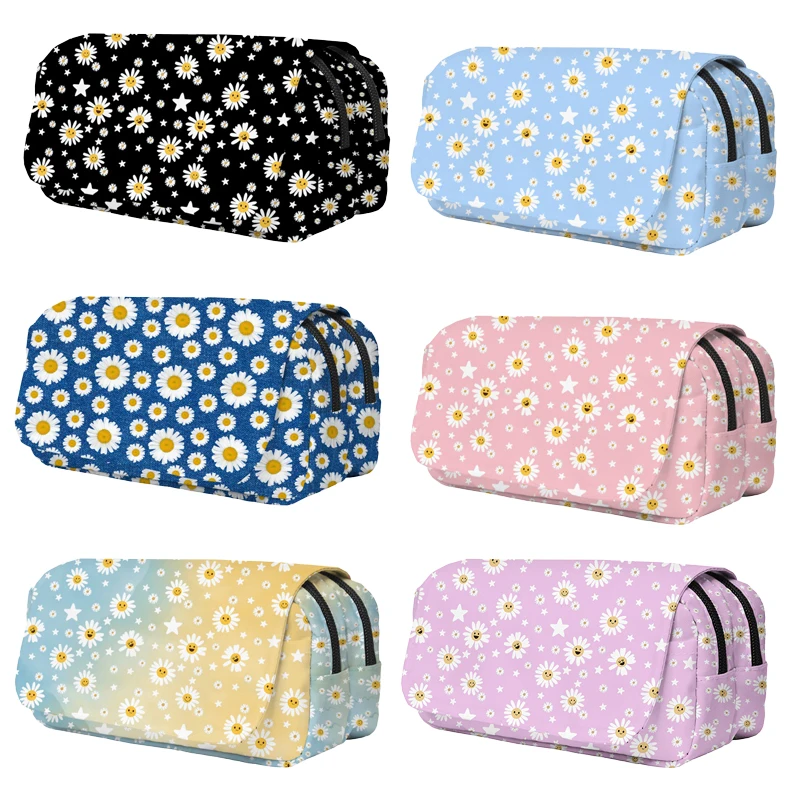 Bleistifttaschen mit Gänseblümchenmuster, großes Fassungsvermögen, Schreibwarentasche, doppelte Schülerschachtel, Schichten, Bleistift- und Stiftbox für Büro- und Schulbedarf