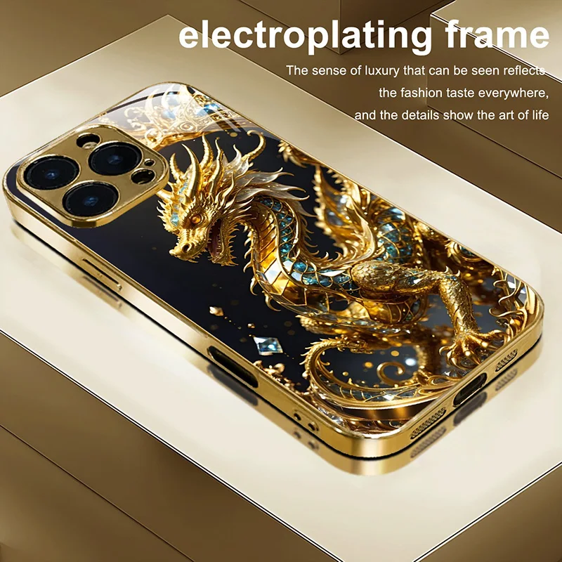 

Cool Golden Dragon Pattern Gold Metallic Paint Glass Phone Case For iPhone 11 12 13 14 15 16 17 Pro Max 14 Plus 17Air 16E Cover
