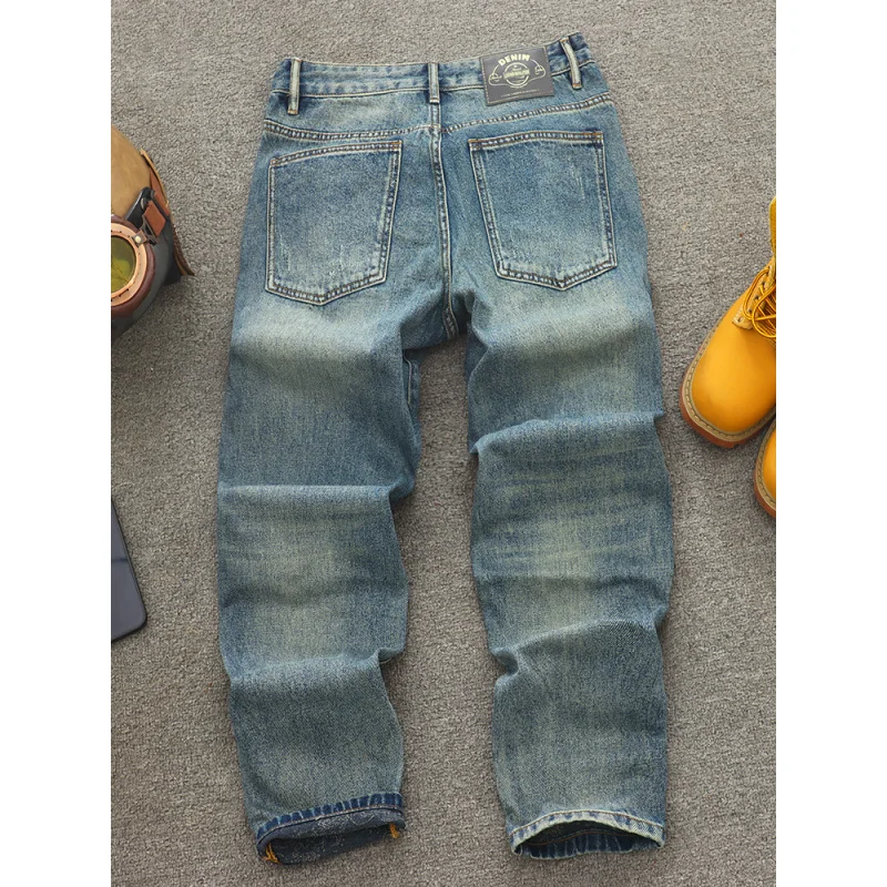 Pantalones vaqueros con parches rasgados retro, informales y geniales, a la moda, estilo coreano, pantalones nostálgicos de calle sueltos de pierna recta para hombre