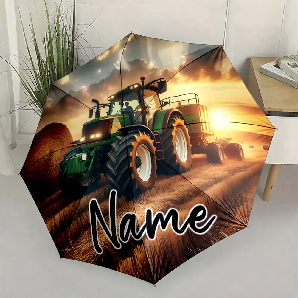 Custom Name Tractor Field Design Umbrella for Farm Lovers Print 8 Iron Ribs Folding Umbrella Auto-Open Fashion Sunshade