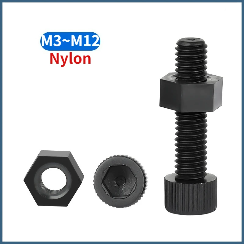 Black Plastic Nylon Hex Socket Bolt Cap Head Screw with Hexagon Full Nuts Set M3 M4 M5 M6 M8 M10 M12