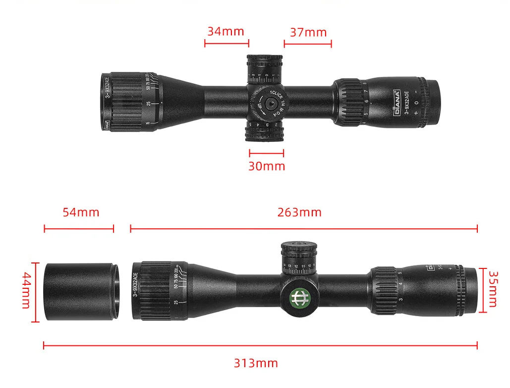 Optical telescope Diana new model DIANA HY 3-9X32AOE sight, cross-hair sight with lock, red and green light cross-hair mirror view 2