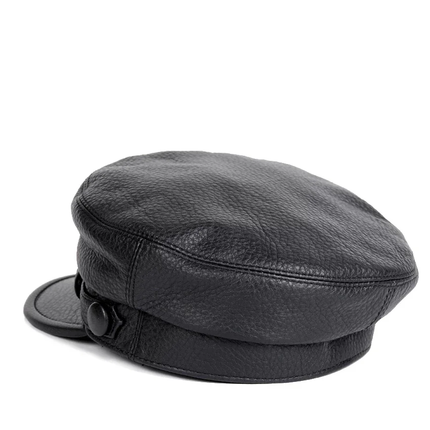 Unisex South Korean Style Genuine Leather Fitted Flat Military Hat For Man Woman Personality Locomotive Punk Black Baseball Caps