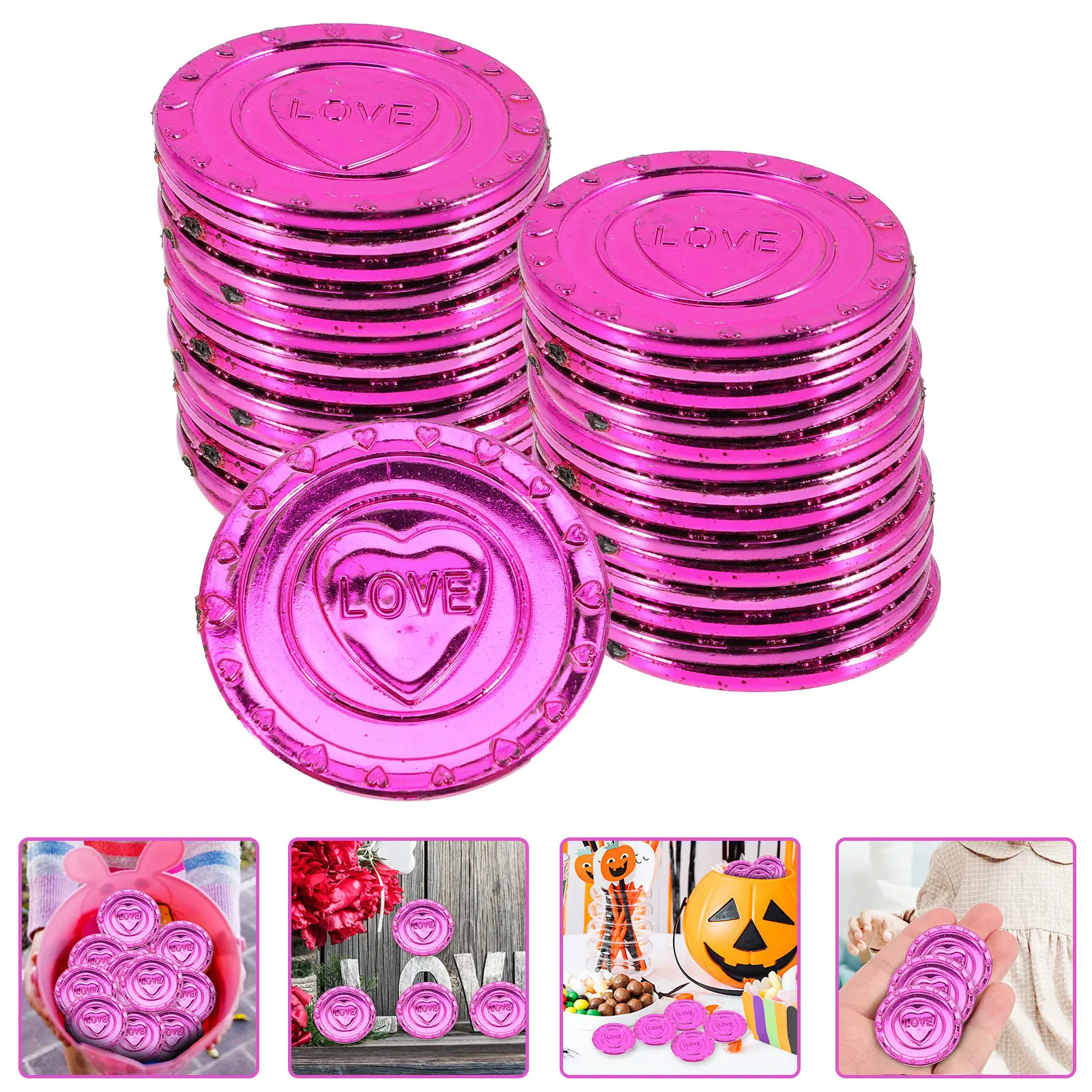 100Pcs Plastic Love Coins Decorative Valentine Day Party Pirate Coins Treasure Chest Fillers Plastic Coin Toys
