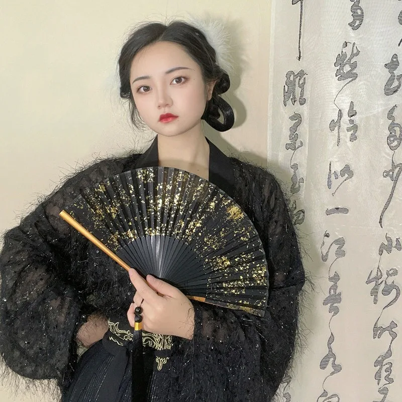 Gold Sprinkled Silk Folding Fan 6 Inch Pocket Size Sino Japanese Style Classic Handheld Decor for Ladies Daily Wear